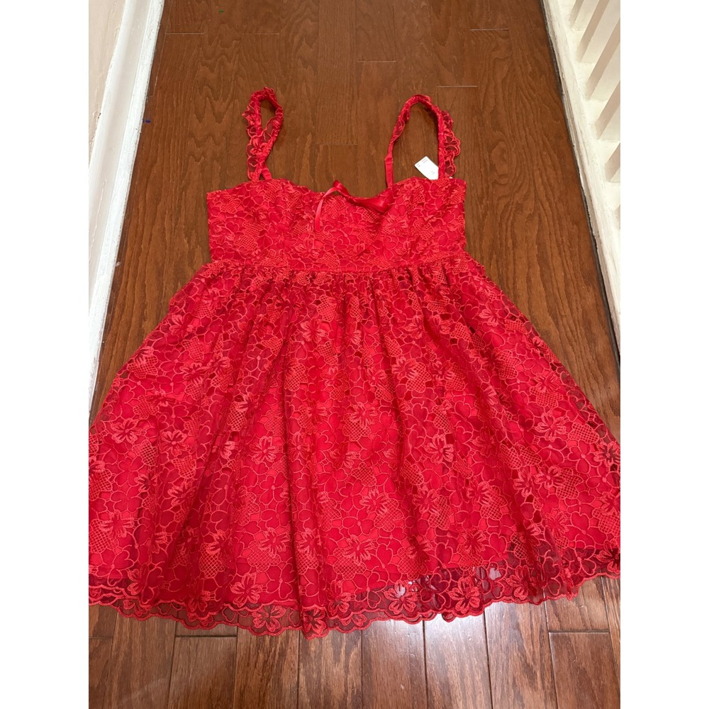 Anthropologie Red Floral Lace‎ Mini Dress Sweetheart Smocked Back NWT Size L